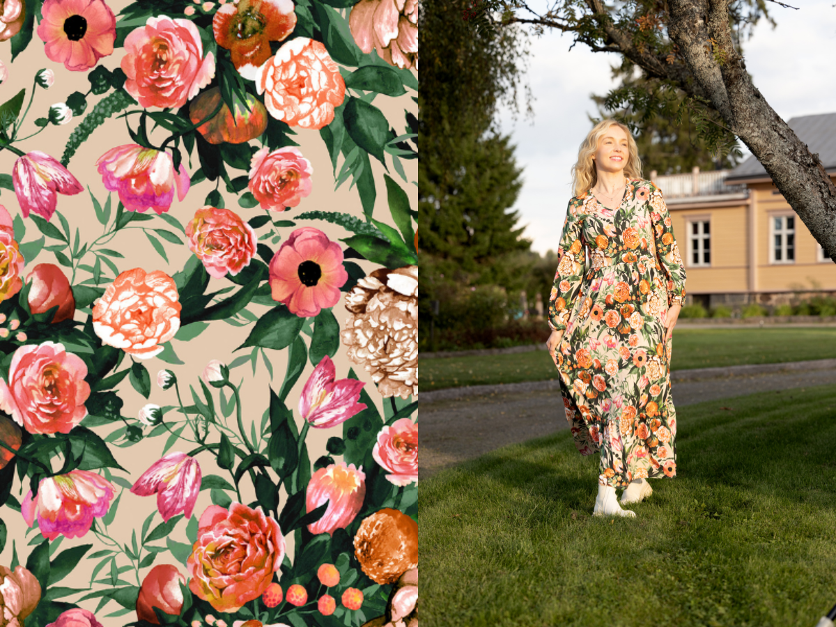 Kevään kuosi on Kukkaiskylpy oranssi / beige