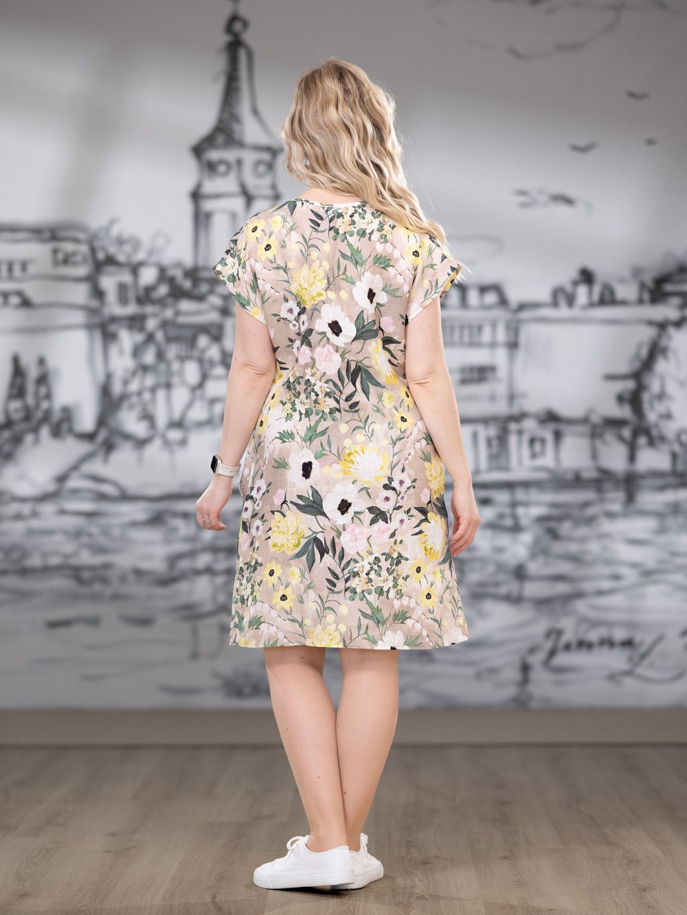 KES&Auml;mekko (Kuningatarkukka keltainen / beige pellava)