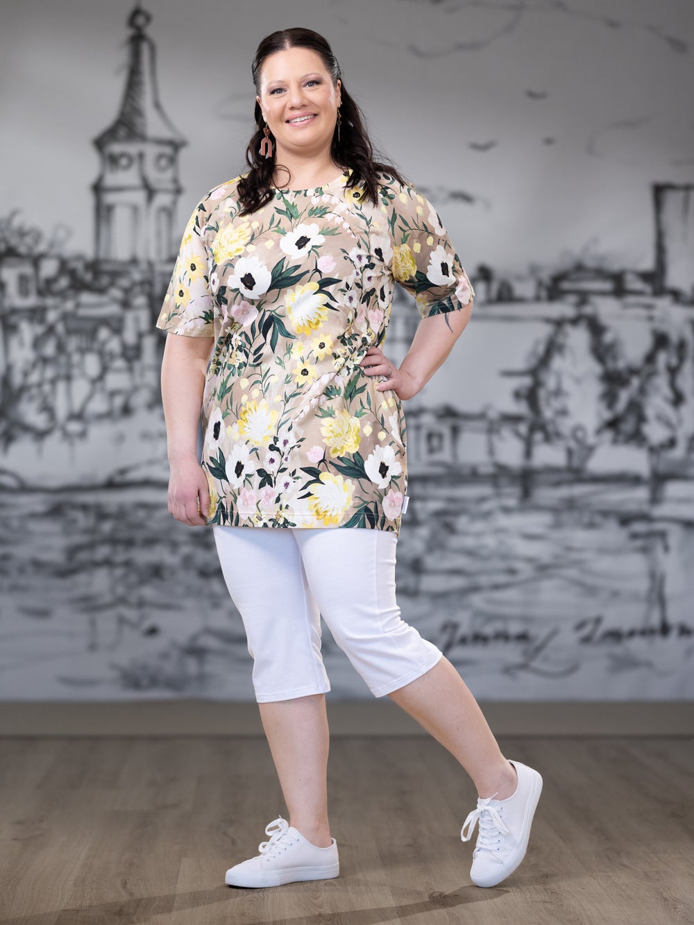 SAARAtunika lyhythiha (Kuningatarkukka keltainen / beige trikoo)